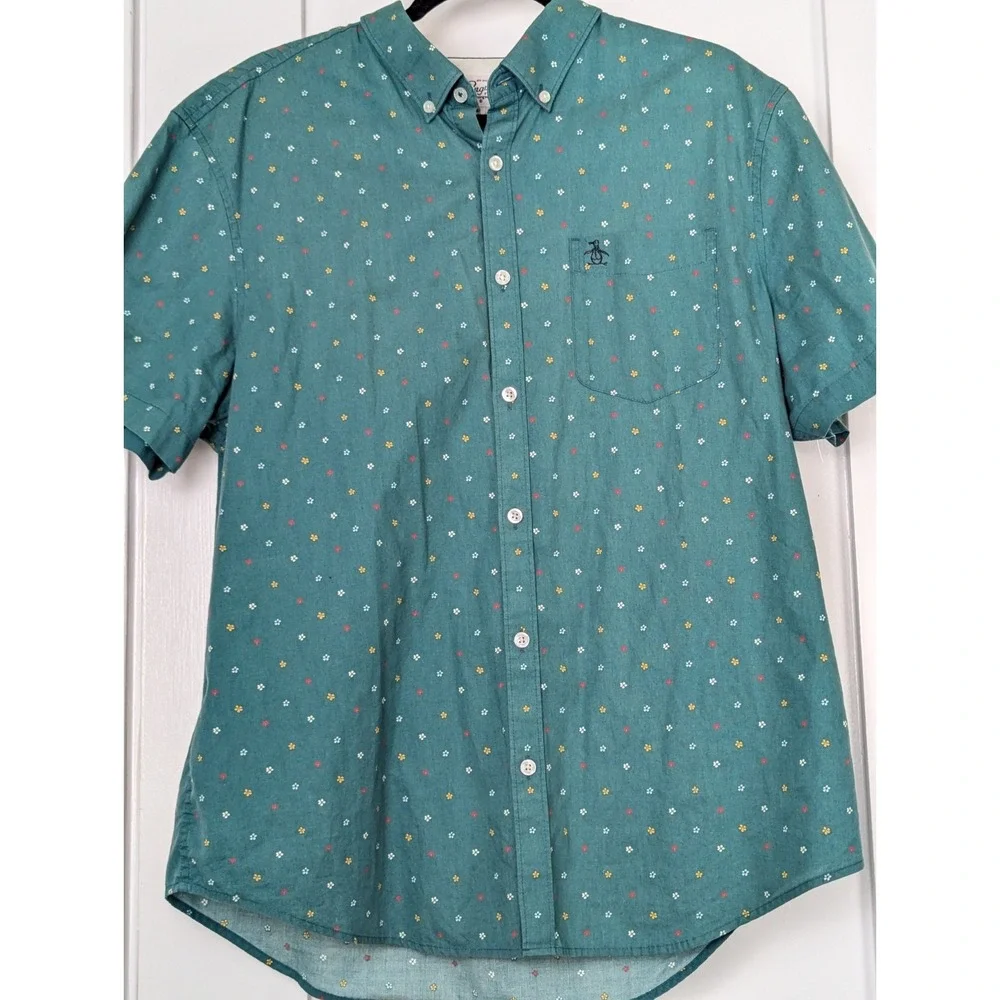 Original Penguin Shirt Mens XL Teal Floral Button Front Short Sleeve Pocket - Picture 9 of 9